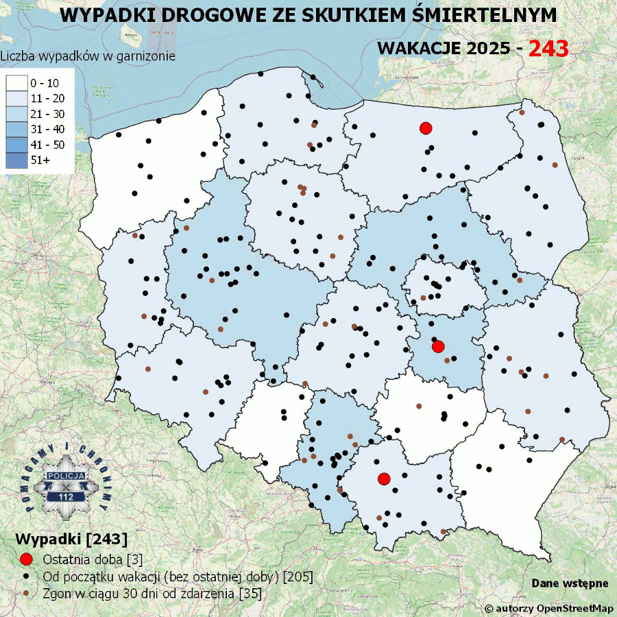 Mapa prezentująca liczbę wypadków poprzedniej doby w Polsce. Prezentowane dane są dostępne w tekście poniżej.