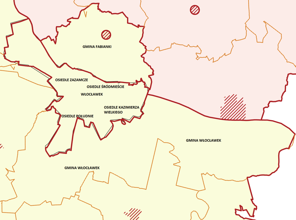 Mapa administracyjna Włocławka z uwzględnieniem dzielnic podległych Drugiemu Rewirowi Dzielnicowych