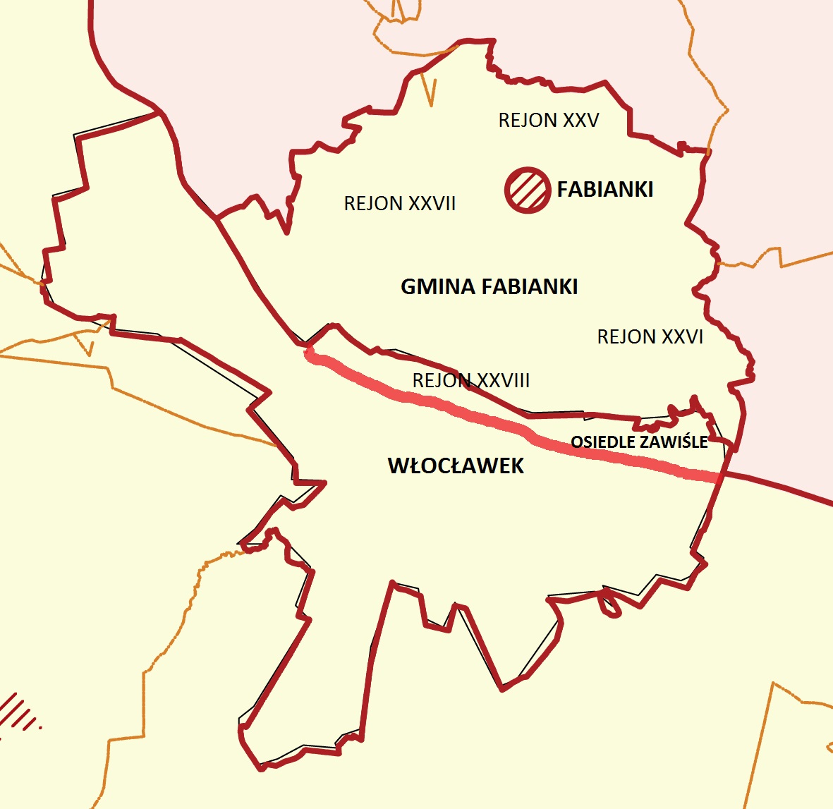 Mapa administracyjna Włocławka i gminy Fabianki z uwzględnieniem dzielnic podległych Trzeciemu Rewirowi Dzielnicowych