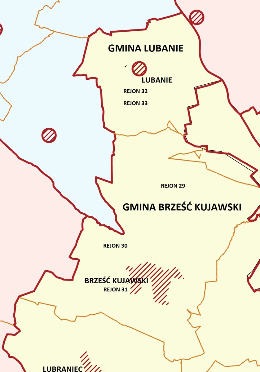 Mapa administracyjna gminy Brześć Kujawski i Lubania z uwzględnieniem dzielnic podległych Komisariatowi Policji w Brześciu Kujawskim
