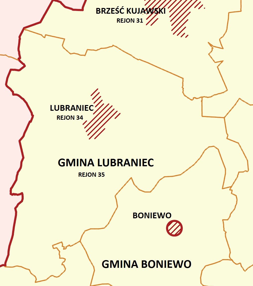 Mapa administracyjna gminy Lubraniec z uwzględnieniem dzielnic podległych Posterunkowi Policji w Lubrańcu