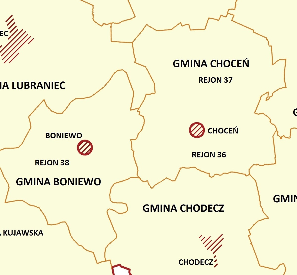 Mapa administracyjna gminy Boniewo i Choceń z uwzględnieniem dzielnic podległych Posterunkowi Policji w Choceniu