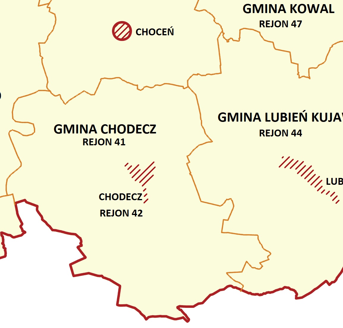 Mapa administracyjna gminy Chodecz z uwzględnieniem dzielnic podległych Posterunkowi Policji w Chodczu