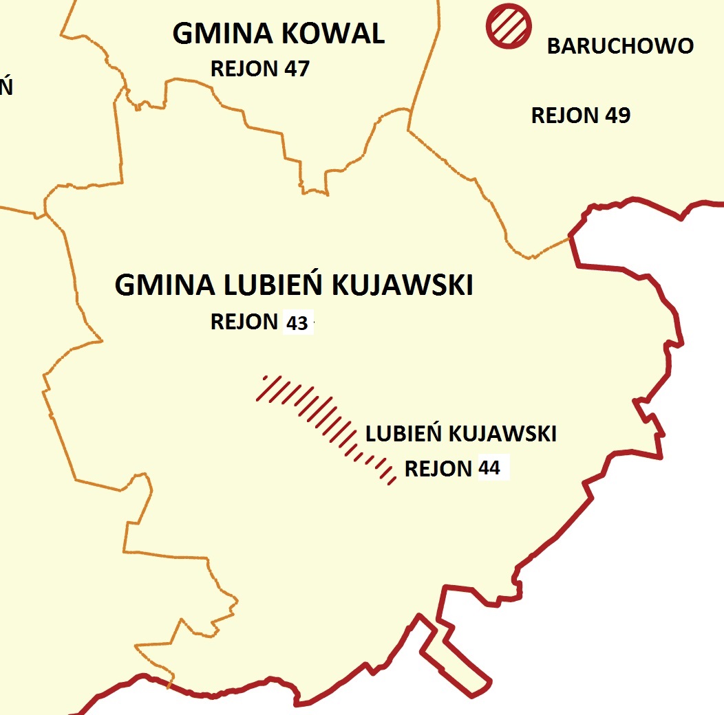 Mapa administracyja gminy Lubień Kujawski z uwzględnieniem dzielnic podległych Posterunkowi Policji w Lubieniu Kujawskim