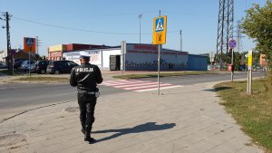 Policjant sprawdza oznakowania przed szkołą w ramach akcji &quot;Bezpieczna droga do szkoły&quot;