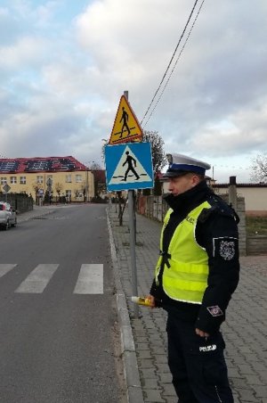 Zdjęcie przedstawia policjanta ruchu drogowego pełniącego służbę w okolicy przejścia dla pieszych