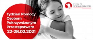 Baner przedstawia kobietę trzymającą dziecko i na czerwonym tle informację o Tygodniu Pomocy Osobom Pokrzywdzonym