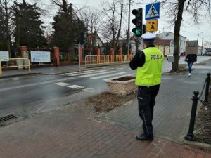 Policjant ruchu drogowego podczas działań na drodze w pobliżu przejścia dla pieszych