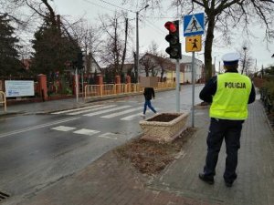 Policjant ruchu drogowego podczas działań na drodze w pobliżu przejścia dla pieszych