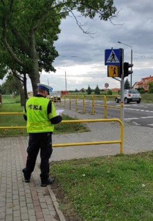 Policjant podczas sprawdzania oznakowania przed szkołą