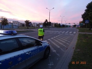 Policjant stojący tyłem i obserwujący przejście dla pieszych zgodnie z treścią komunikatu