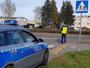 Policjant stojący tyłem przy przejściu dla pieszych. Z lewej strony widoczny policyjny radiowóz