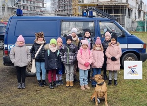 Wizyta dzieci na komendzie i zwiedzanie policyjnych radiowozów oraz spotkanie z przewodnikiem psów