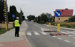 Policjant stoi przy przejściu dla pieszych