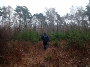 Policjant  podczas patrolu na terenie leśnym