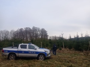 Policjant  podczas patrolu na terenie leśnym