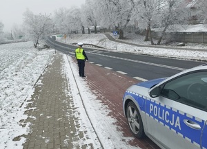 policjant stoi w kamizelce odblaskowej przy drodze i obserwuje rejon przejścia dla pieszych