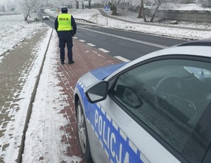 policjant stoi w kamizelce odblaskowej przy drodze i obserwuje rejon przejścia dla pieszych