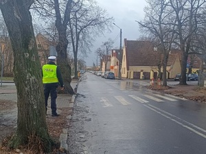 Policjant podczas działania na drodze przy przejściu dla pieszych